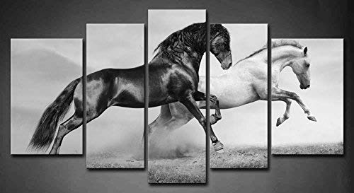 5 Panel Wall Art Black And White Horses Running On Grassland In Summer