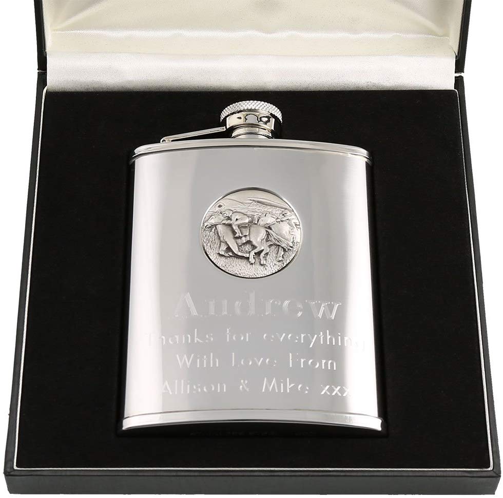 Engraved 6oz Stainless Steel Hip Flask with Pewter Horse Racing