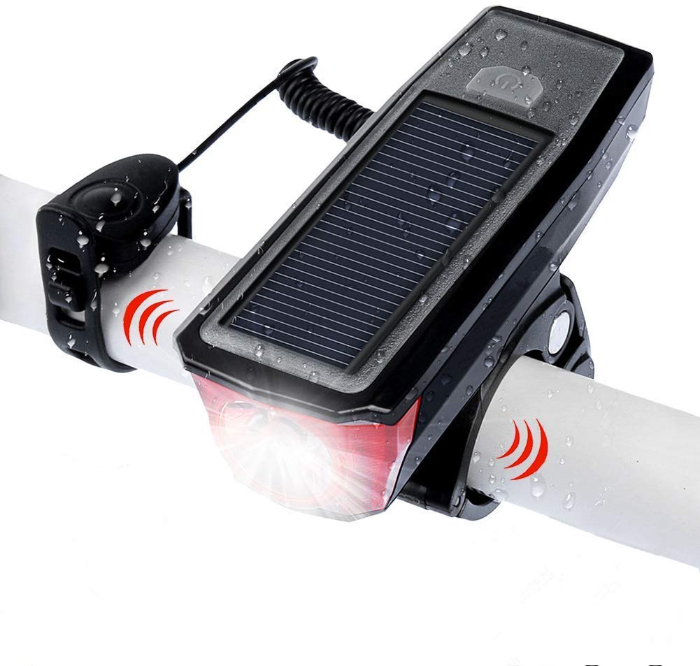 Bike Headlight, Solar Powered Smart USB Rechargeable 4 Mode Bicycle Front Light with Bike Bell