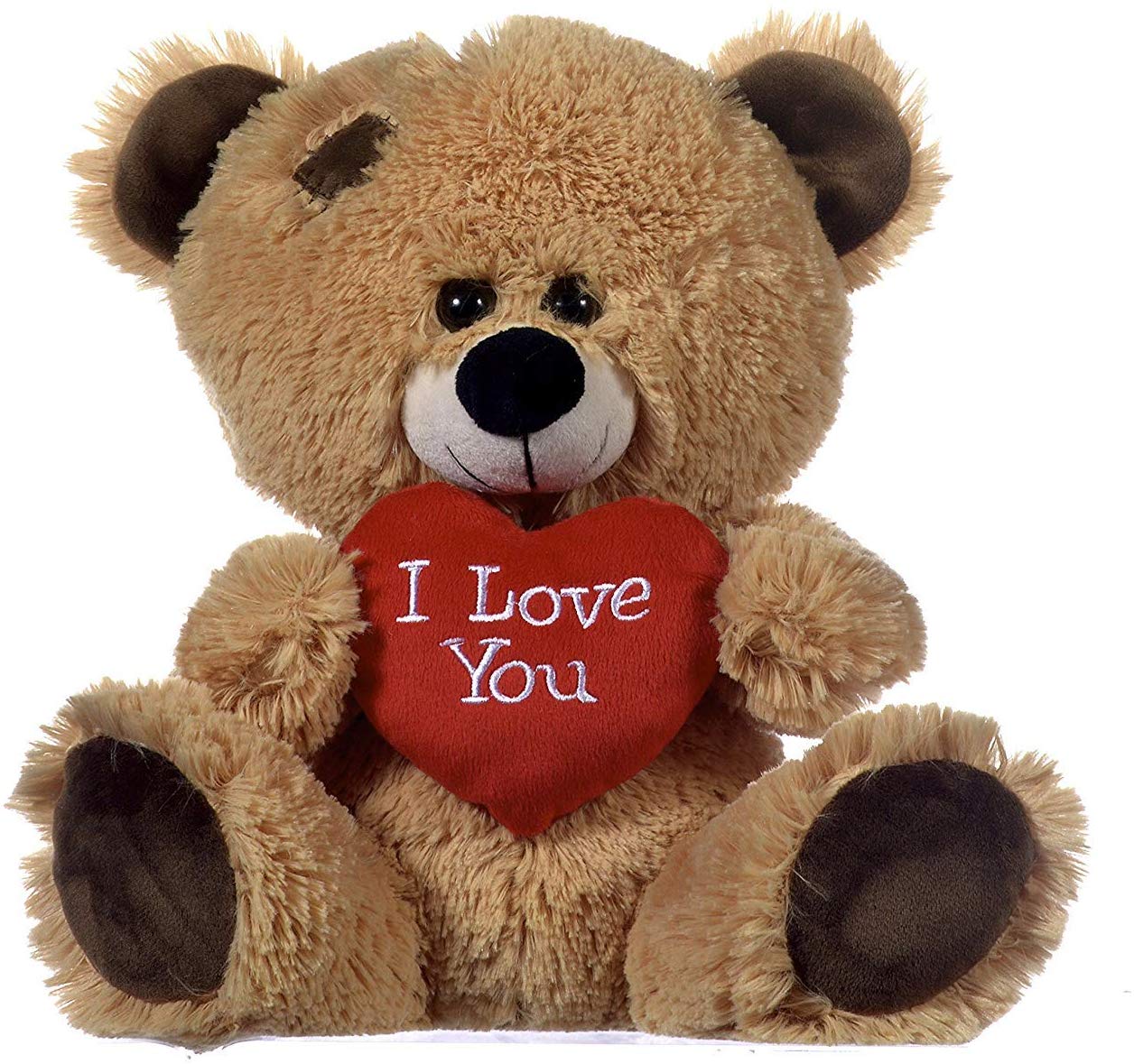 Brown Patchwork Teddy Bear holding Red Heart with "I Love You" written on it