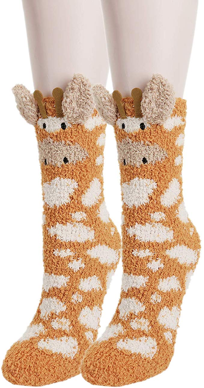 Women Fuzzy Slipper Novelty Funny Cute 3D Cartoon Giraffe Soft Warm Socks