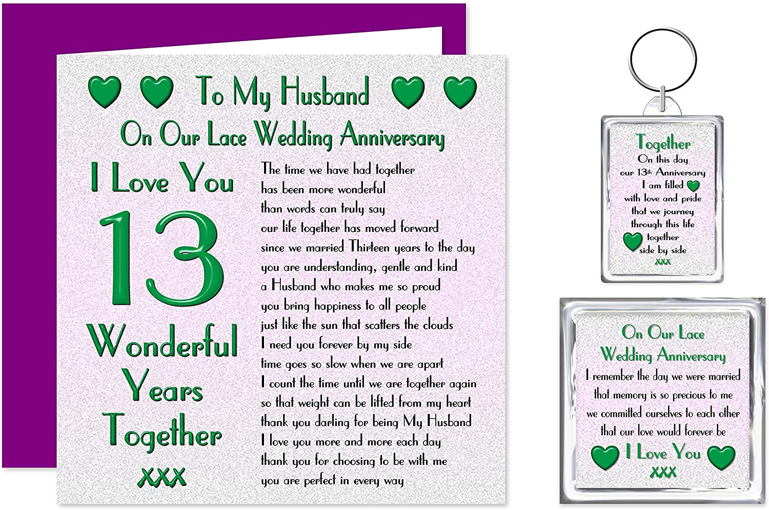 My Husband 13th wedding anniversary card - Card, Key ring & Fridge Magnet Present