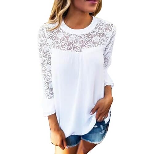 Auxo Women Lace Top Round Neck Flare Long Sleeve Solid Casual Loose Chiffon Blouse Tunic Shirt Amazing 13th-Anniversary Gift Ideas