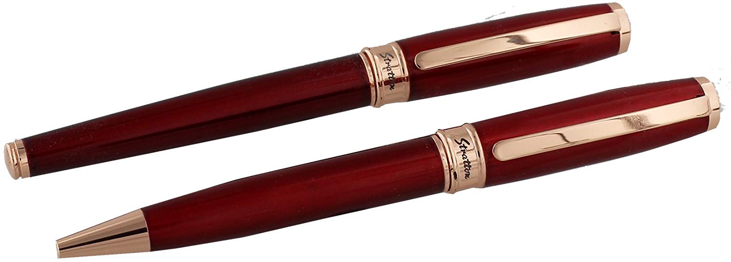 Stratton Red & Copper Ballpoint & Roller Ball Pen Set in a Gift Box
