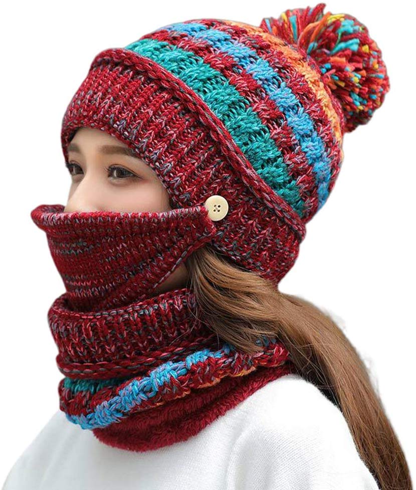 Women Warm Mixed Color Knit Hat Scarf Mask Set