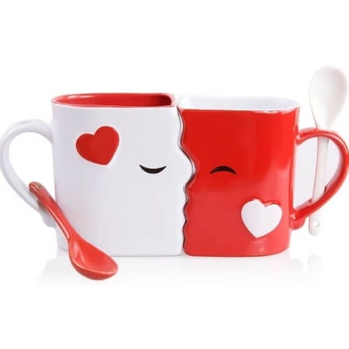 Kissing Mugs Set, Exquisitely Crafted Large Red & White Cups & Matching Spoons for Couples, Him and Her for Valentine's Day, Wedding, Anniversary, Birthday, Christmas, Mr & Mrs Home Decor by Blu Devil Romantic Gifts for Him